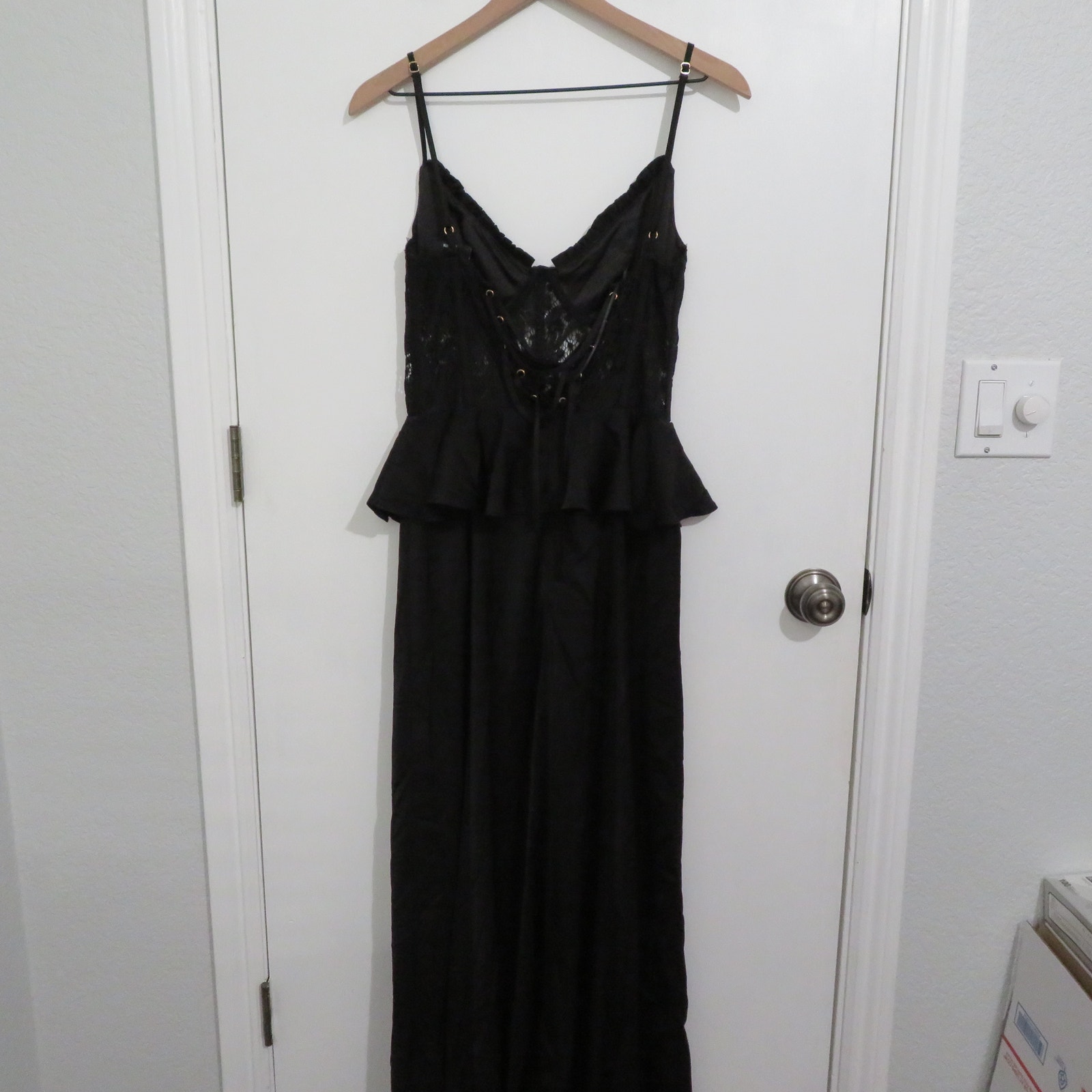 Vici Women Sz M Black Sanderson Peplum Maxi Dress Lace Corset Satin Formal Gown — image 2 of 8